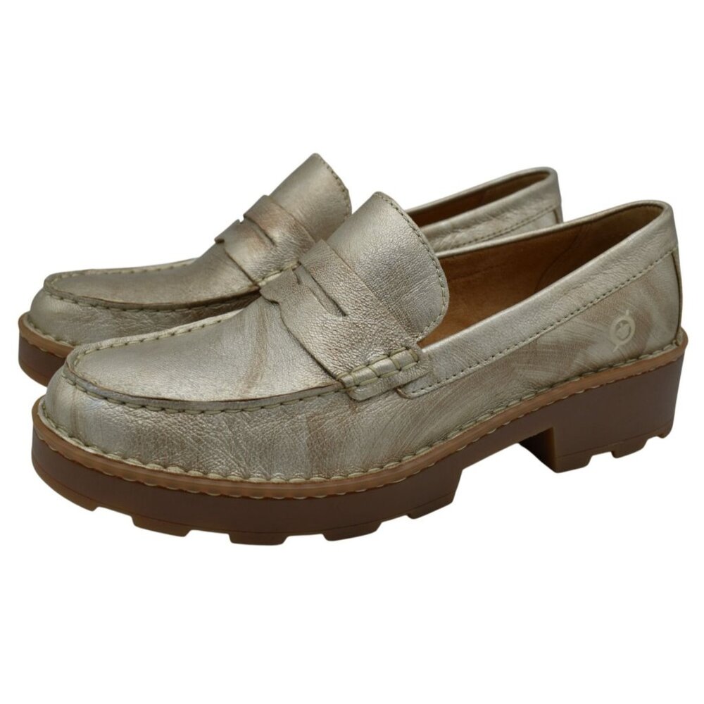 Born Womens Size 10 Carrera Brushed Gold Metallic Platform Penny Loafers Shoes